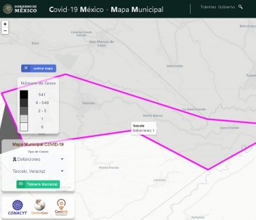Con base en la información emitida por la Secretaría de Salud de Veracruz a través del sitio coronavirus.veracruz.gob.mx, en su última actualización, el Municipio de Teocelo  registra dos casos confirmados y una defunción  POR SARS-CoV-2 (COVID-19)