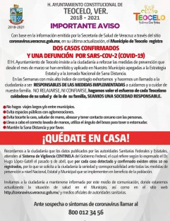 Con base en la información emitida por la Secretaría de Salud de Veracruz a través del sitio coronavirus.veracruz.gob.mx, en su última actualización, el Municipio de Teocelo  registra dos casos confirmados y una defunción  POR SARS-CoV-2 (COVID-19).