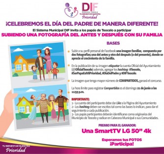 Como una manera de no dejar pasar en blanco esta importnte fecha para los jefes de los hogares de Teocelo, el Sistema DIF minicipal de Teocelo, Ver., organiza un concurso a través de sus redes, para otorgar algunos presentes a los padres en su día. 