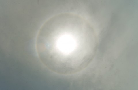 Una vez más un halo solar se observó en la ciudad de Xalapa. Este fenómeno natural es la formación de un círculo luminoso al ededor del Sol y se presenta previo a la llegada de tormentas. También se le conoce como Parhelio o Perros de Sol.