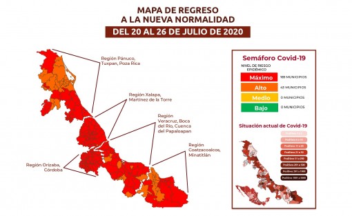 El Semáforo Regional de Veracruz para la semana del 20 al 26 de julio indica: Rojo (máximo riesgo) 169 municipios; Naranja (riesgo alto) 43 municipios. Por lo que en Xalapa sólo se permitiría abiertos negocios esenciales; Hoteles al 25% (únicamente viajeros por trabajo); Restaurantes al 25%  y sin venta de bebidas alcohólicas; Supermercados al 50%, pero sólo una persona por familia.

 