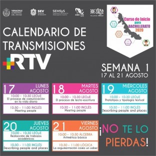 Este lunes 17, a través de TVMÁS, comienza el Curso de Inicio para Bachillerato 2020, impulsado por la Secretaría de Educación de Veracruz (SEV) con el objetivo de reforzar los conocimientos y habilidades en los estudiantes de nuevo ingreso al ciclo escolar 2020-2021.