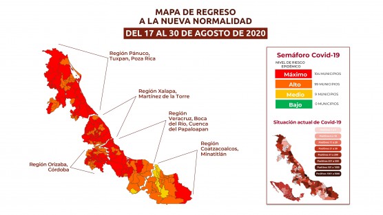 Casi la totalidad de los municipios verecruzanos continúan en el nivel máximo de riesgo epidemiolígico, por lo que las autoridades siguen solicitando a la población acatar las medidas sanitarias recomendadas, en caso de que sea de suma necesidad salir de sus casas. 