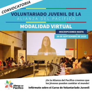 Las entidades de la juventud de los países de la Alianza del Pacífico: Instituto Nacional de la Juventud de Chile, Consejería Presidencial para la Juventud de Colombia-Colombia Joven, Instituto Mexicano de la Juventud y la Secretaría Nacional de la Juventud de Perú, lanzaron hoy la convocatoria para el <em>Curso virtual de Voluntariado Transformador en Tiempos de Pandemia</em>.
