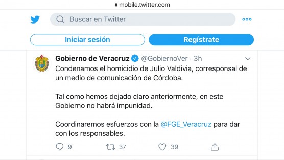 A través  de Twitter, el Gobierno de Veracruz condenó el homicidio de Julio Valdivia, corresponsal de un medio de comunicación de Córdoba.