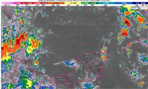Probabilidad de lluvias fuertes a muy fuertes; Norte con rachas hasta de 75 km/h en costa; Posibles crecidas de ríos y arroyos, así como deslaves, derrumbes y deslizamientos.