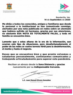 Desmiente alcalde de Banderilla, presunto atentado contra un familiar. Lamenta la desinformación que se da a través de redes sociales.  