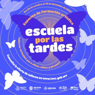El Instituto Veracruzano de la Cultura, a través del Programa Alas y Raíces Veracruz, en coordinación con espacios independientes, invita a niñas, niños y jóvenes de 6 a 18 años, a inscribirse en los talleres artísticos virtuales de Escuela por las tardes: espacios de formación artística, que se llevará a cabo de manera gratuita de lunes a sábado, del 26 de octubre al 18 de diciembre de 2020, con actividades vespertinas.