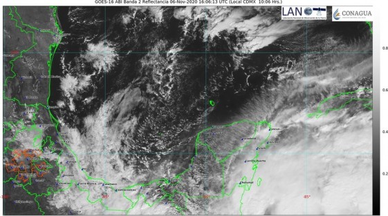 depresión tropical Eta, cuyo centro se ubicó a las 06:00 horas de hoy sobre el noroeste del Caribe a unos 105 km al este de la Ciudad de Belice, previéndose se intensifique nuevamente a tormenta tropical este día y se dirija hacia Cuba donde impactaría la mañana del domingo 8. Tal situación, continuará provocando viento del Norte en costas veracruzanas, así como lluvias fuertes especialmente en cuencas del sur de nuestra entidad durante este viernes 6