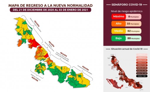 La Secretaría de Salud federal actualizó el Semáforo de Riesgo Epidemiológico nacional, aplicable del lunes 21 de diciembre al domingo 3 de enero; destaca el retorno de Veracruz al color amarillo (riesgo medio).