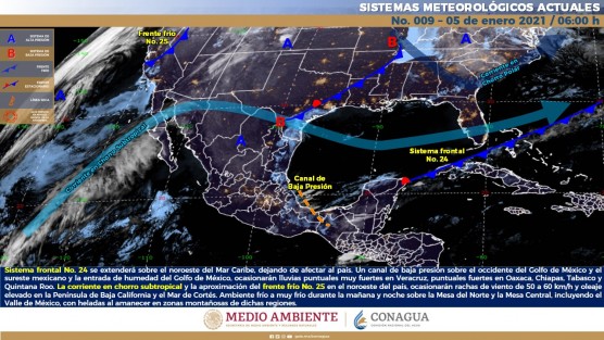  Se espera que el probable Frente núm. 25 ingrese al noroeste del Golfo de México la tarde del miércoles 6, e inicie su recorrido por el norte del estado de Veracruz desde las primeras horas del jueves 7, alcance el centro por la mañana y la zona sur al mediodía de ese día. 