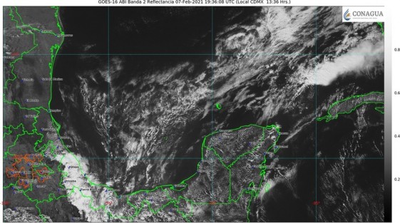 El frente frío núm. 34 avanza hacia el sureste, siendo probable alcance la zona sur la entidad esta tarde, para posteriormente estacionarse y retornar como un frente cálido hacia el norte del Golfo de México entre esta noche y mañana lunes 8.
