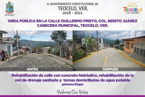 El Alcalde  Mario Antonio Chama Díaz en compañía de la Síndica Municipal Zayra del Carmen Martínez Andrade; la Presidenta del DIF Teocelo, Mara Chama Villa;  el Director de Obras, Alberto Lucas Marín; el comité de obra y vecinos, llevaron a cabo el corte de listón  inaugural de la Obra Rehabilitación de calle con concreto hidráulico, rehabilitación de drenaje sanitario y red de agua potable en la calle Guillermo Prieto en su primera etapa.

