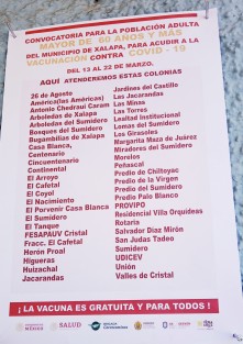 Fuera del módulo de vacunación del CECATI, se indica las colonias que son atendidas ahí. 