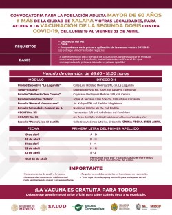 Este lunes inicia la aplicación de segunda dosis a adultos mayores de la vacuna anti COVID-19  en el municipio de Xalapa.