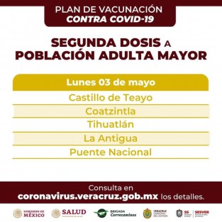 Continúa el Plan de Vacunación contra COVID-19 para adultos mayores en 50 municipios de Veracruz, del miércoles 28 de abril al jueves 6 de mayo. 