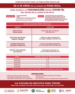 Inicia en Veracruz la vacunación para personas de 50 a 59 años, consulta dónde y cuándo te corresponde asistir a ti o a tu familiar, si vives en Poza Rica o Boca del Río.