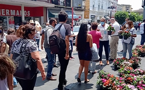 Cinthya Lobato, candidata de Unidad Ciudadana a la alcaldía de Xalapa, este Día de las Madres, regaló macetas a las madres que circulaban por la calle de Enríquez; lo malo fue que sin sana distancia o medidas de sanidad como lo están haciendo muchos candidatos.