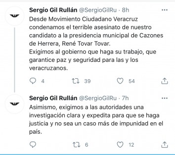 A través de su cuenta de Twitter, el dirigente estatal de MC, Sergio Gil Rullán, exigió a las autoridades justicia para René Tovar; así como garantizar la tranquilidad y la paz para todos los veracruzanos. 