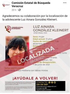 La Comisión Estatal de Búsqueda de  Veracruz informó que la menor por la que se había desatado una intensa búsqueda, ha sido ya localizada. 