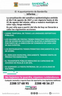 El Ayuntamiento de Banderilla informa a través de medios digitales sobre las medidas a seguir debido a la actualización del semáforo epidemiológico, haciendo el llamado a la población a seguirlas.