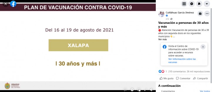 El Gobierno del Estado anuncia las próximas fechas para vacunación en segunda dosis, a personas de 30 y más años. En el caso de Xalapa será del 16 al 19 de agosto. 