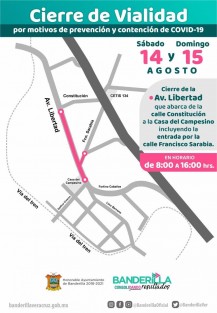 El H. Ayuntamiento de Banderilla informa a la ciudadanía el cierre de la circulación los días sábado 14 y domingo 15 de agosto en el tramo que abarca de la Calle Constitución a la Casa del Campesino, a partir de las 8:00 hrs. Quédate en casa, usa cubrebocas, lava tus manos frecuentemente o en su defecto usa gel antibacterial. No es momento de relajar las medidas de seguridad: Consolidemos juntos la reducción del contagio y la pronta llegada de la nueva normalidad.
