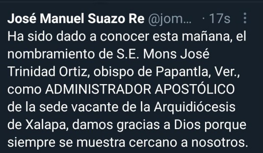 También fue confirmado por el vocero de la iglesia católica, José Manuel Suazo Reyes a través de un mensaje en su cuenta de Twitter la mañana de este martes 17 de agosto.