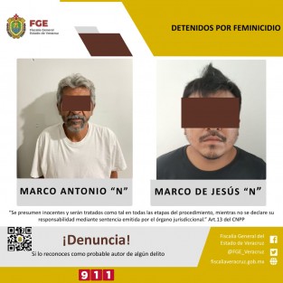 La Fiscalía General del Estado informó que en colaboración con la Fiscalía del Estado de Tabasco y en base a trabajos de investigación e inteligencia, se logró la aprehensión de Marco Antonio N y Marco de Jesús N, como probables autores materiales del feminicidio en contra de Gladys Merlín Castro y Carla Enríquez Merlín, hechos suscitados en el municipio de Cosoleacaque  en febrero del presente año. 