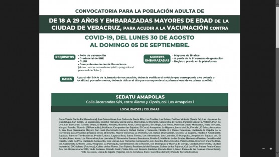 Tal como se había adelantado, se informó este sábado el inicio de la vacunación para la población de 18 a 29 años en la ciudad de Veracruz. Para conocer sedes consulte http://coronavirus.veracruz.gob.mx/plan-de-vacunacion-contra-covid-19/. 