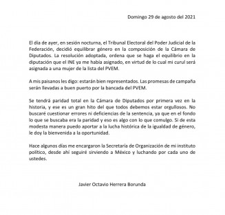 Por determinación del Tribunal Electoral del Poder Judicial de Federación, Javier Herrera Borunda no asumirá la diputación plurinominal que le correspondía, debido al equilibrio en cuanto a paridad de género que ha determinado el INE. El también Secretario de Organización del PVEM, asegura que los ciudadanos estarán bien representados. 