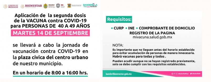 El Ayuntamiento de Banderilla recuerda a la población la nueva jornada de vacunación a efectuarse a partir de este martes 14 de septiembre, invitando a todos a seguir las recomendaciones.