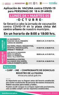 Inicia este lunes vacunación para jóvenes de 18 a 29 años en Banderilla, Ver.