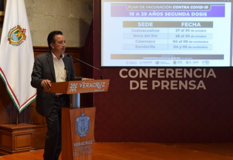 El gobernador Cuitláhuac García informó sobre la aplicación de la segunda dosis de la vacuna anti COVID para la <em>chaviza<em> en Coatzacoalcos (del 27 al 30 de octubre), Boca del Río (del 28 al 30 de octubre), Catemaco (4 al 6 de noviembre) y Banderilla (4 y 5 de noviembre).