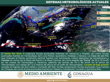  el frente frío 9 ha ingresado al noroeste del Golfo de México y se ubica desde un centro de baja presión en el sureste de Canadá hasta el norte de México, esperándose recorra el estado de Veracruz entre esta tarde y la tarde del viernes 19.
