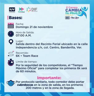 El Ayuntamiento de Banderilla, Ver. informa que aún sigue abierta la convocatoria  para seguir cambiando nuestro ENTORNO y hacerlo con causa. Consulta las bases de la TERCERA EDICIÓN DE LA CARRERA CAMBIA TU MUNDO y haz de tu participación una iniciativa de SALUD, SOLIDARIDAD con los que más lo necesitan.