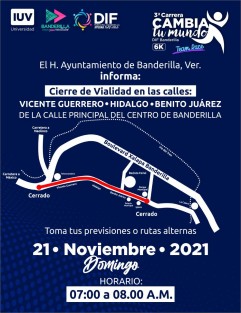 El Ayuntamiento de Banderilla notifica a la población del cierre de calles que realizará este domingo 21 de noviembre por la realización de la 3er Carrera Cambia tu Mundo. Así mismo del estacionamiento que estará a disposición de los participantes que acudan en sus vehículos. 