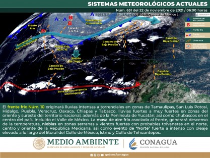 Sistemas meteorológicos y su previsión: Frente frío 10 ubicado desde el Noreste de los Estados Unidos hasta el sur de Chihuahua, México, cruza el centro de Tamaulipas, y se espera recorra lentamente el resto de esta entidad y el estado de Veracruz durante este lunes 22 y la tarde del martes 23, cuando se prevé se estacione sobre dicha zona.