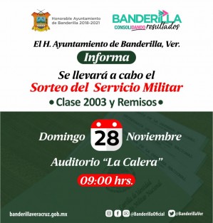 El Ayuntamiento de Banderilla informa que el sorteo del Servicio Militar se llevará a cabo el próximo domingo 28 de noviembre a las 9:00 horas, en el auditorio de La Calera. 
