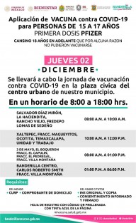 El Ayuntamiento de Banderilla, Ver., informa sobre la jornada de vacunación anti COVID-19, para menores de 15 a 17 años, el próximo jueves 2 de diciembre. 