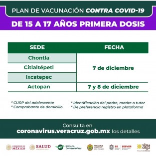 Continúa la vacunación para jóvenes de 15 a 17 años en varios municipios. 