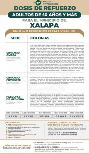 Del 13 al 17 de diciembre se aplicará en Xalapa la vacuna antiCOVID de refuerzo a adultos mayores de 60 años. 
