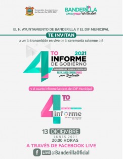 El Ayuntamiento de Banderilla, Ver. invita a sus ciudadanos a escuchar el 4to. informe de labores de la presente administración, este lunes a partir de las 20:00 hrs., a través de Facebook. 