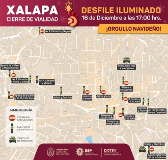 Como parte de los festejos de Orgullo Navideño se realizará el Desfile Iluminado, por lo que se llevarán a cabo cortes a la circulación en la zona centro de Xalapa, este 16 de diciembre a partir de las 17:00 hrs. 