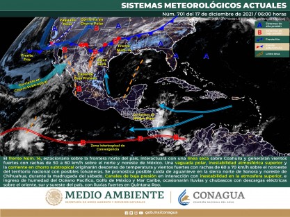 Cielo medio nublado con lluvias aisladas en Veracruz, Tabasco y Tamaulipas. Ambiente frío con bancos de niebla en zonas altas de la región durante la mañana. Viento del este y sureste de 15 a 30 km/h en Tabasco y evento de 