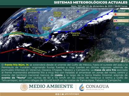 Este día, el frente frío Núm. 14 se extenderá desde el oriente del Golfo de México, hasta el sureste del país y la Península de Yucatán, originando lluvias fuertes a muy fuertes en dichas regiones, además de puntuales intensas en Veracruz, Oaxaca, Chiapas, Tabasco y Campeche.