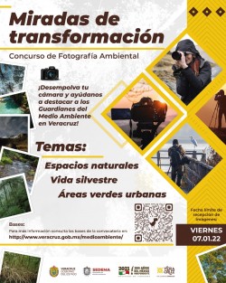 La Seretaría de Medio Ambiente invita a participar en el concurso de fotografía ambiental <em>Miradas de Transformación</em> en alguna de las diferentes temáticas: Espacios naturales, Vida silvestre o Áreas verdes urbanas. Consulte bases en https://www.facebook.com/SEDEMAVeracruz/photos/a.1030311907112653/2683586371785190/
