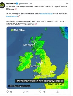 El cambio climático da una muestra más de sus efectos en el mundo al romperse hoy el récord del primer día del año más caliente en el Reino Unido, al registrarse 16.3 grados en el corazón de Londres.