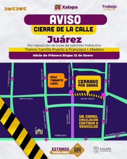El H. Ayuntamiento informa a la ciudadanía xalapeña que el día de hoy, miércoles 12 de enero, inician los trabajos de reparación de losas de la calle Juárez, en la zona Centro.

