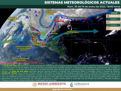 El Fente Frío 22 continuará recorriendo el centro y sur de la entidad veracruzana, en su trayecto ocasionará incremento de nublados com potencial para lluvias y chubascos aislados.  